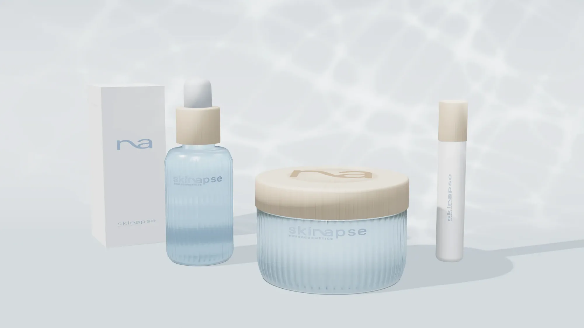 La gamma: astuccio, flacone contagocce, vasetto e stick, mockup di studio